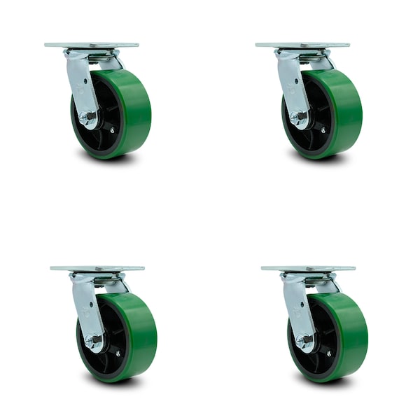 5 Inch Green Poly on Cast Iron Caster Set with Ball Bearing and Swivel Lock SCC